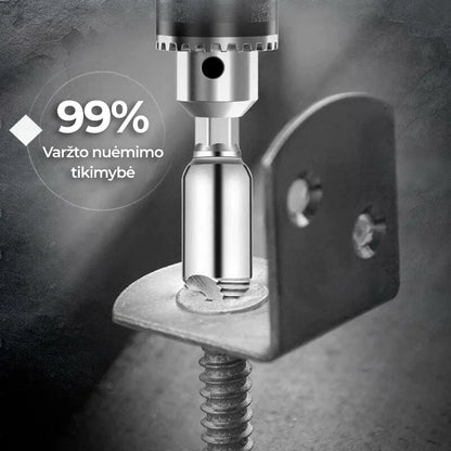 Metalinis varžto nuėmimo įrankis, blizgus, cilindro formos, tvirtai laikomas.