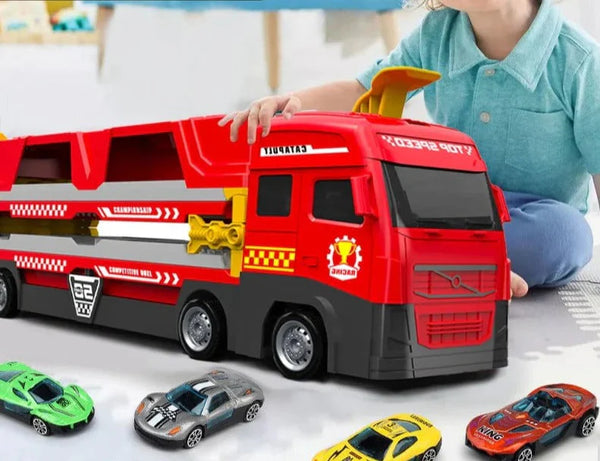 Raudonas žaislinis sunkvežimis su šešiais mažais automobiliais