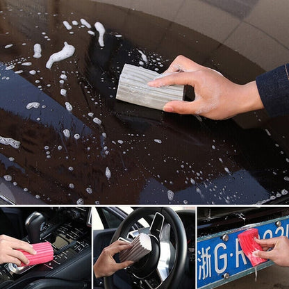 Rankų kempinė, pilka ir rožinė, putos ant automobilio paviršiaus.
