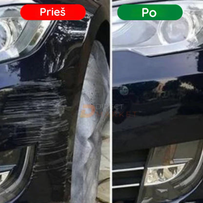 Juodo automobilio buferio įbrėžimai prieš ir po poliravimo