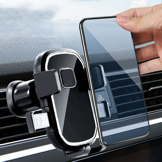 Juodas automobilinis telefono laikiklis, blizgus paviršius, tvirtas ir kompaktiškas dizainas.
