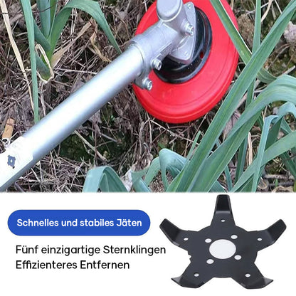 Raudonas krūmapjovės diskas prie trimerio koto