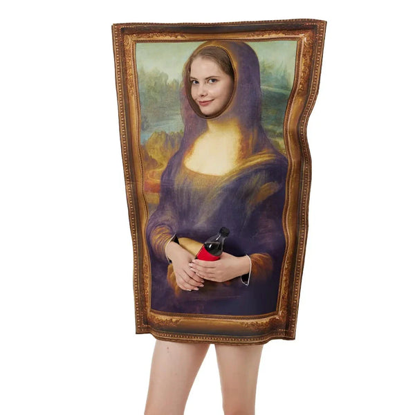 Žmogus vilki priekinę „Mona Liza“ paveikslo kostiumo dalį