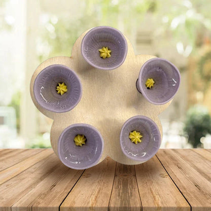 Penki violetiniai keraminiai puodeliai