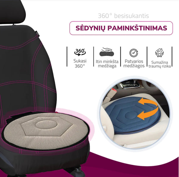 Smėlio spalvos besisukanti sėdynės pagalvėlė ant juodos kėdės