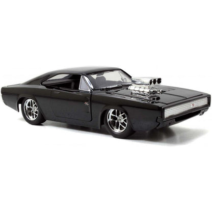 Juodas Dodge Charger žaislinis automobilis iš priekinio šono.