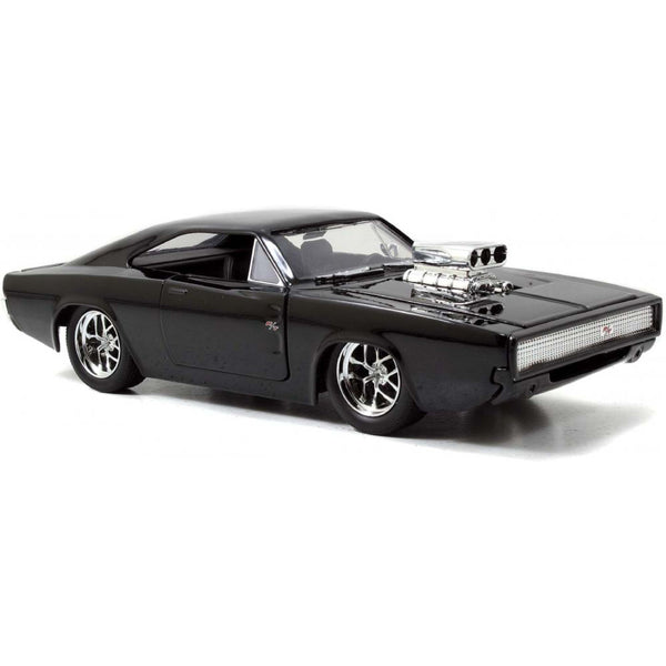 Juodas Dodge Charger žaislinis automobilis iš priekinio šono.