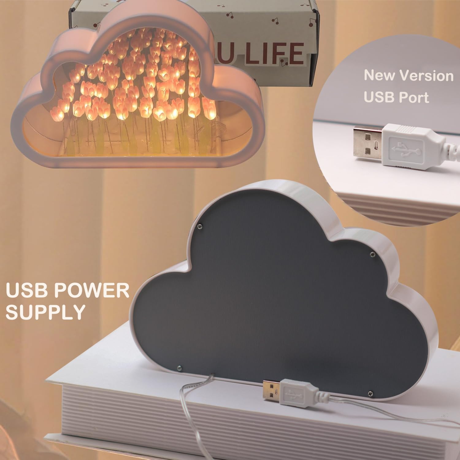 Debesu formos lempa, balta, su USB jungtimi, šilta šviesa.