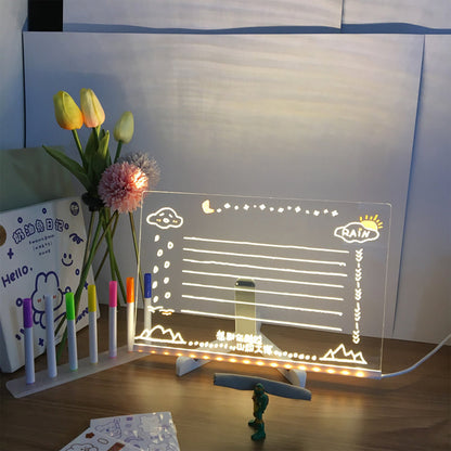 LED rašomoji švieslentė – komplektacijos vaizdas, 20 cm x 20cm + 7 spalvoti rašikliai