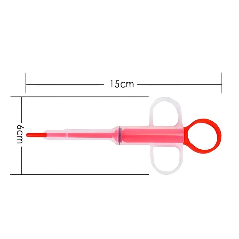 Raudonas ir baltas plastikinis švirkštas, 15 cm ilgio, 6 cm pločio.