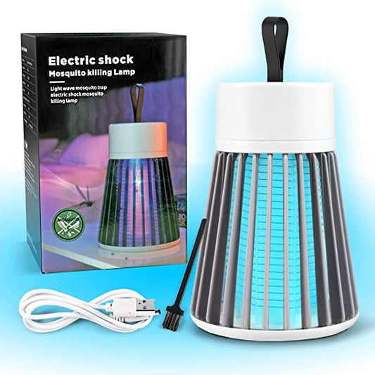 Elektrinė uodų žudymo lempa, cilindro formos, balta ir pilka, su tinklinėmis detalėmis.