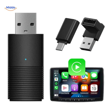 Juodas belaidis CarPlay adapteris ir dvi USB jungtys