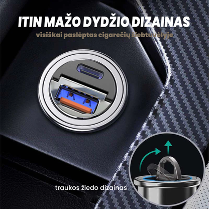 Į automobilio lizdą įleistas juodas įkroviklis su ištraukimo žiedo iškarpa