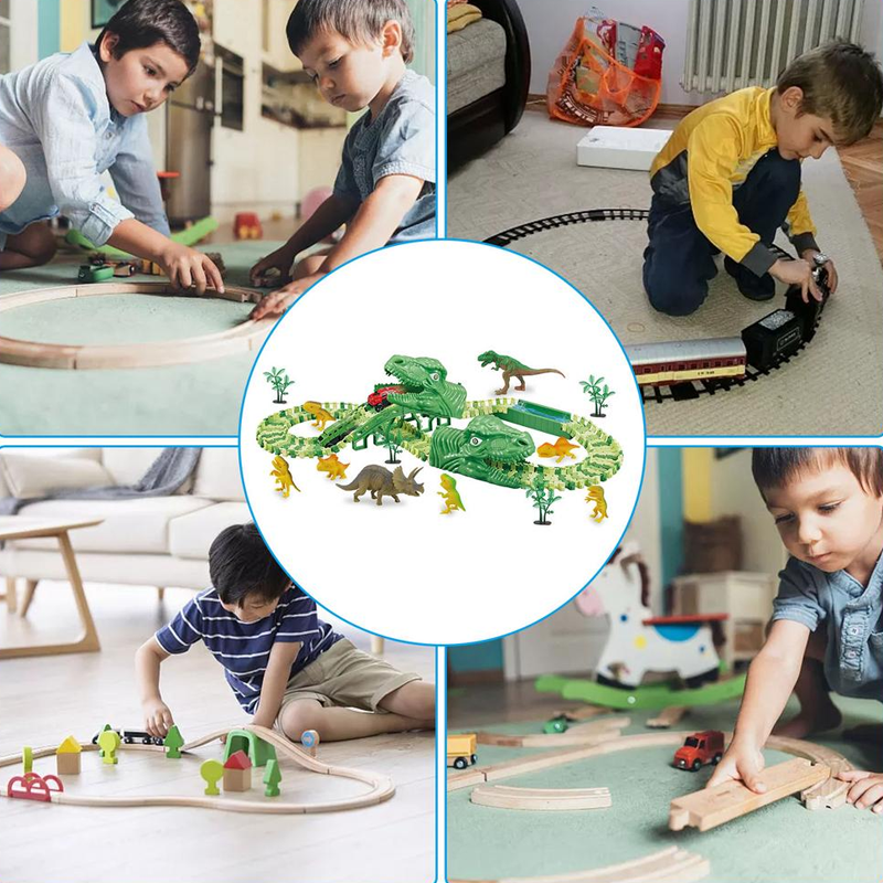 Vaikai žaidžia su žaisliniais traukiniais ir dinozaurų rinkiniais ant kilimo.