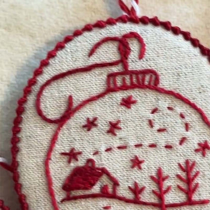 Raudonu siūlu išsiuvinėto namelio detalė