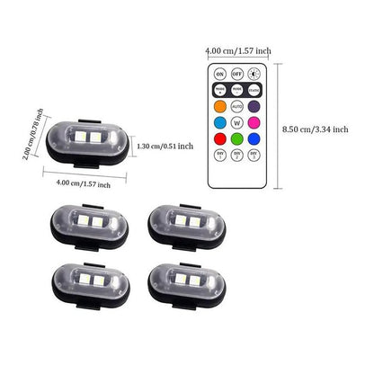 Belaidės RGB LED blykstės – šešių blykščių rinkinys ir matmenys