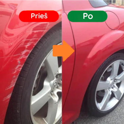 Raudono automobilio sparno įbrėžimai prieš ir po poliravimo