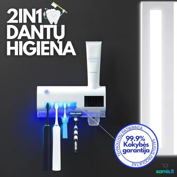 Inovatyvus dantų higienos įrenginys su UV sterilizatoriumi ir dantų pastos dozatoriumi – bendras vaizdas