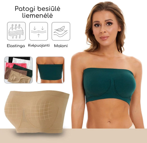 Moteris dėvi tamsiai žalią liemenėlę be petnešėlių, šalia spalvų variantai