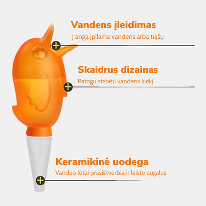 Oranžinio paukščio formos laistymo įrenginio dalių schema