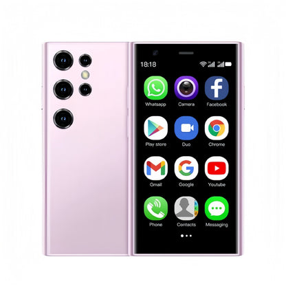 Rausvas mini išmanusis telefonas rodomas iš priekio ir nugaros.