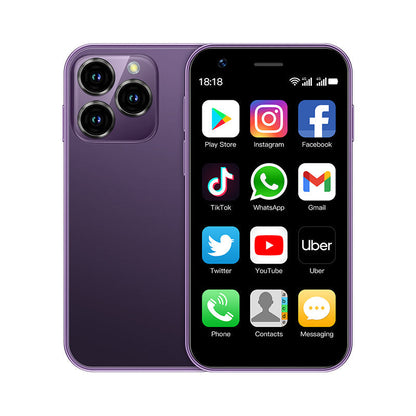 Violetinis mini išmanusis telefonas rodomas iš priekio ir nugaros.