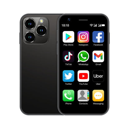 Juodas mini išmanusis telefonas rodomas iš priekio ir nugaros.