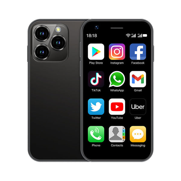 Juodas mini išmanusis telefonas rodomas iš priekio ir nugaros.