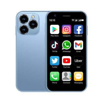 Šviesiai mėlynas mini išmanusis telefonas rodomas iš priekio ir nugaros.