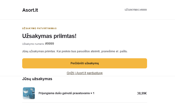 Asort.lt užsakymo patvirtinimo el. laiškas su užsakymo numeriu ir prekių sąrašu