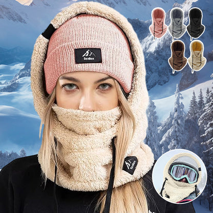 Šilta Sherpa Hood kepurė su šaliku žiemai – bendras vaizdas, juoda variantas