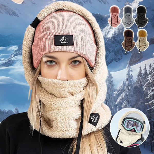 Šilta Sherpa Hood kepurė su šaliku žiemai – bendras vaizdas, juoda variantas