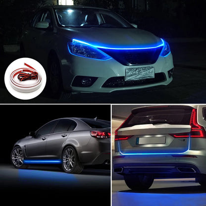 Mėlynai šviečianti LED juosta automobilio priekyje ir skirtingų spalvų pavyzdžiai