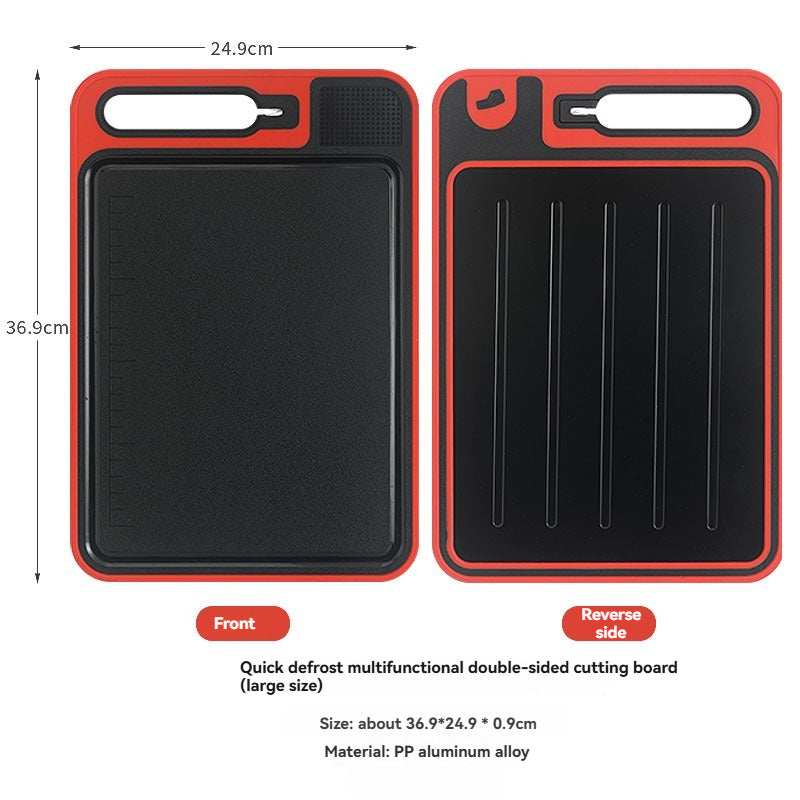 Dvigubos pusės pjaustymo lenta, raudona rėmelis, juodas paviršius, lygus.