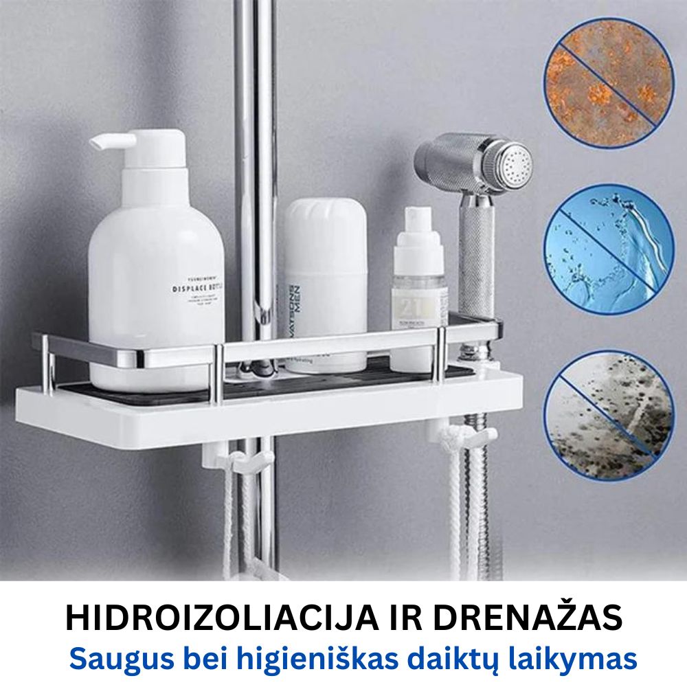 Baltas vonios aksesuarų laikiklis su skaidriais buteliukais ir metaliniais elementais.