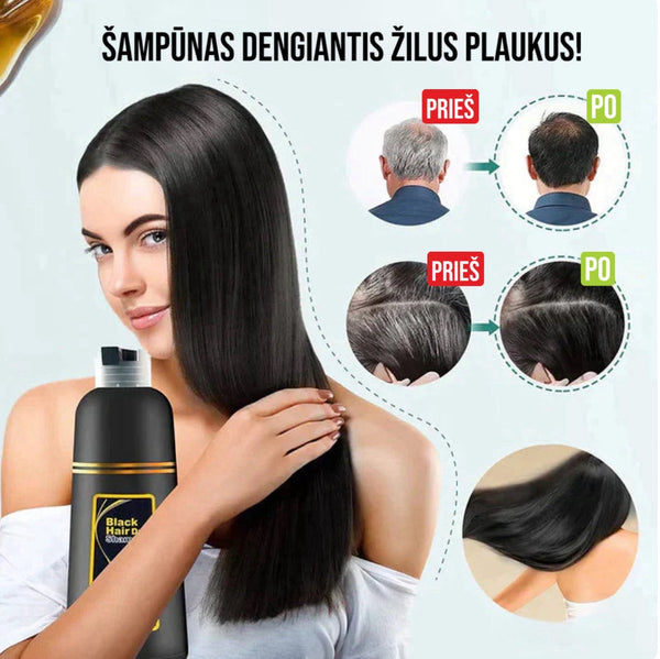 Juodo plaukų dažymo šampūno Delight buteliukas ir modelis