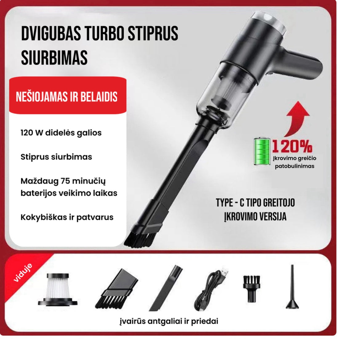 Belaidis nešiojamas dulkių siurblys su galingu siurbimu
