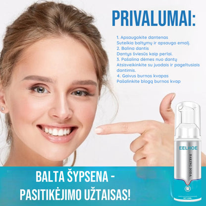 Putų dantų pastos buteliukas ir naudojimo iliustracija