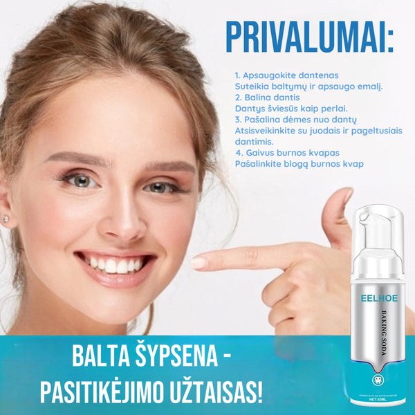 Putų dantų pastos buteliukas ir naudojimo iliustracija