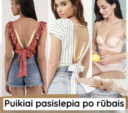 Modelis su smėlio spalvos liemenėle be petnešėlių