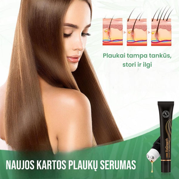 moteris ilgais plaukais ir serumo tūbelė