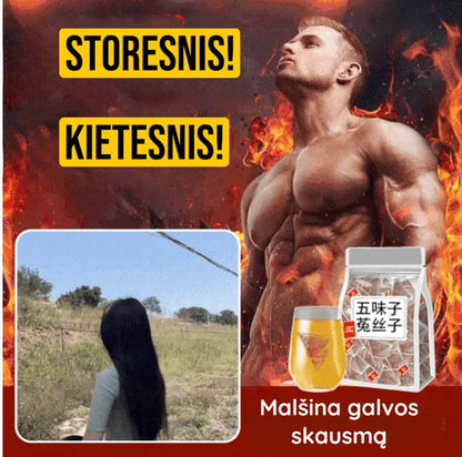 arbatos pakuotė ir vyro profilio iliustracija