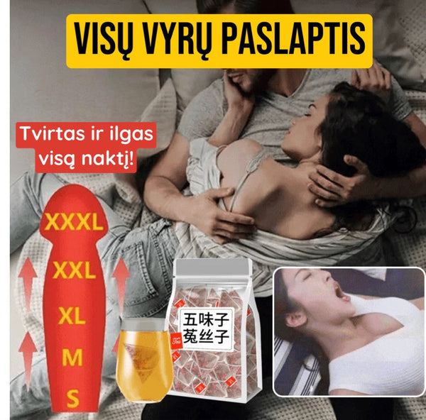 arbatos pakuotė šalia vyro ir puodelio