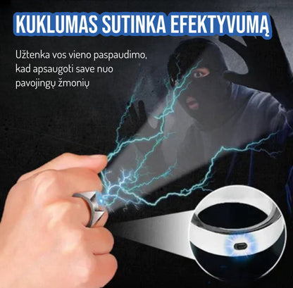Juodas metalinis smailus žiedas ir naudojimo iliustracija