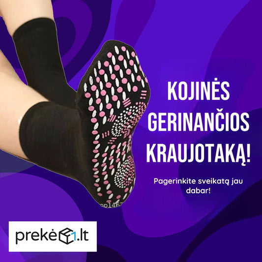 Juodos kojinės su rožinėmis taškeliais, minkšta tekstūra, gerinanti kraujotaką.