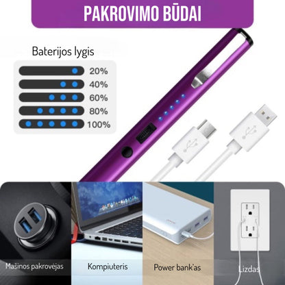 USB įkrovimo būdai ir baterijos lygio iliustracija