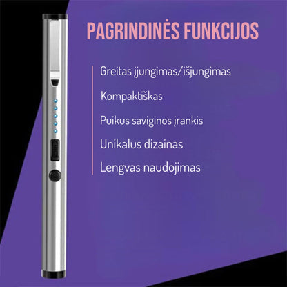Rašiklio formos prietaiso mygtukai ir lemputė