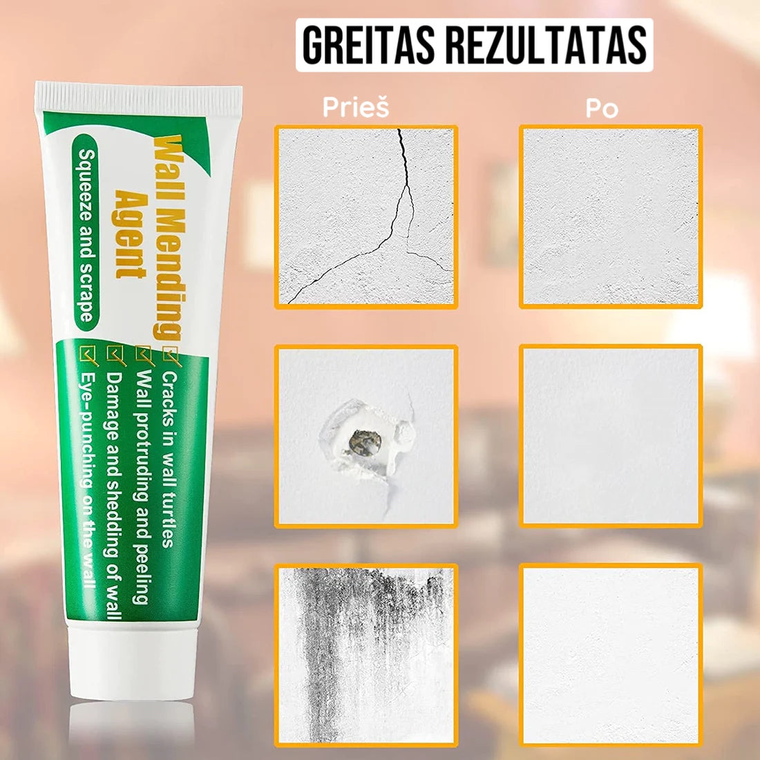 Balta sienų remontui skirta pasta, tūbelė su žalia etiketė.