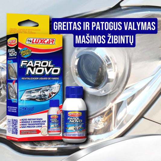 Mašinos žibintų valymo priemonė, skaidri, blizgi, su mėlynu dangteliu.