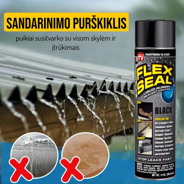 LeakStop juodas sandarinimo purškiklis prie prakiurusio stogo